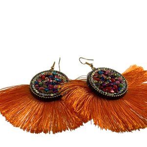 Boho Orange Fringe Tassel Earrings Dangle Multi Color Beaded Round Statement